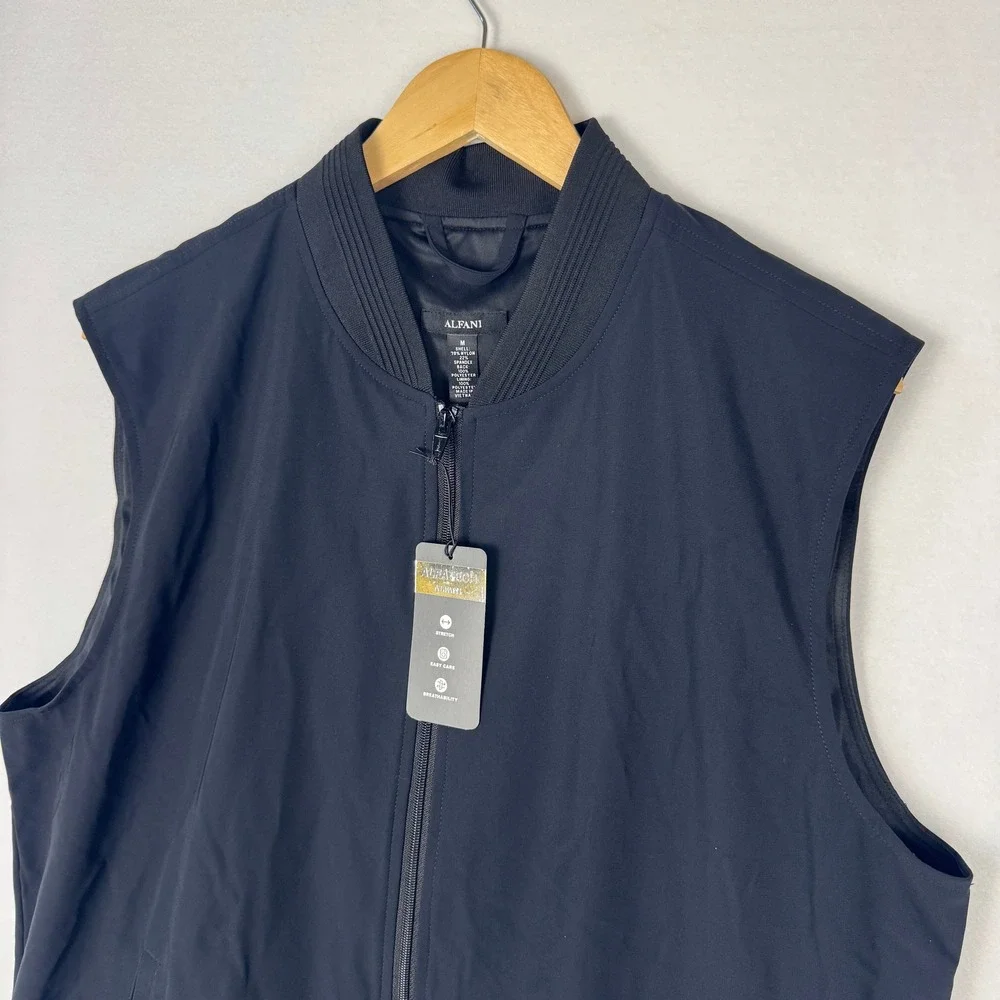 Alfani Mens Alfatech Zipper Vest Deep Black Stretch Bomber Collar Medium NEW